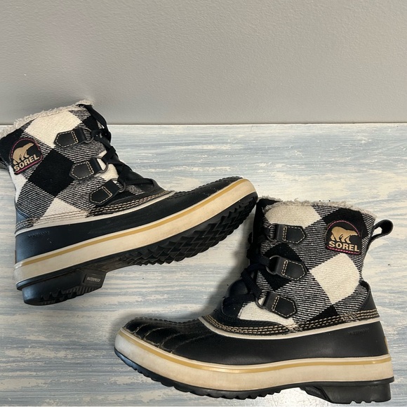Sorel Tivoli Boots waterproof black & white check with pink logo size 8 - Picture 2 of 8